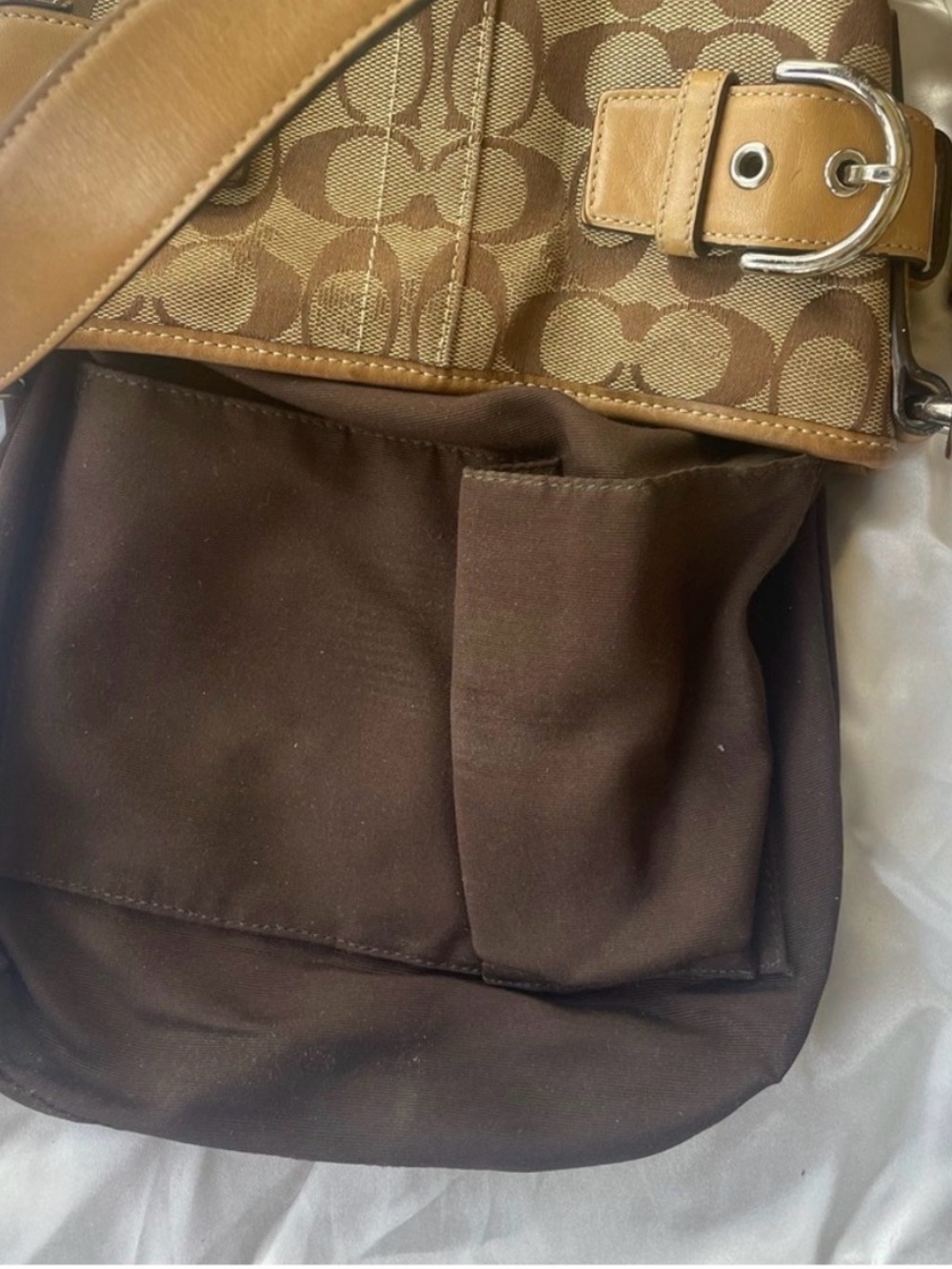 Coach Brown Tan Signature Canvas Shoulder Bag with Leather Trim - Picture 4 of 8